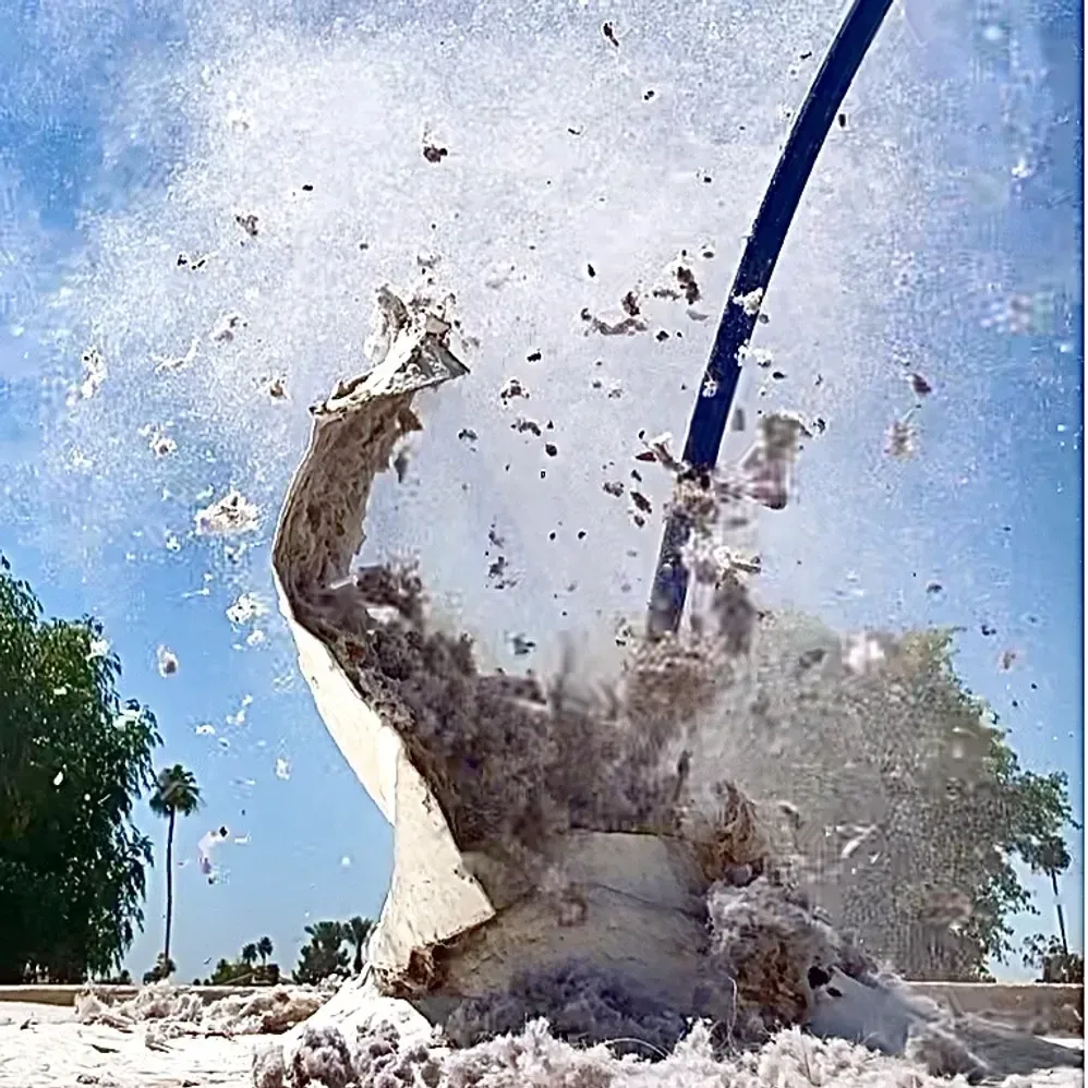 Dryer lint blasting out of a roof vent against a blue Arizona sky with palm trees behind